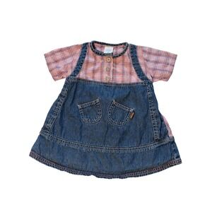 Oilily Baby Girls Pink Plaid Denim Mixed Media Dress 80's Vintage Style